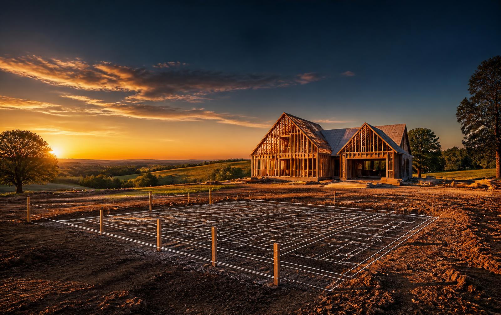 Cleared building lot with foundation stakes at golden hour and a home under construction